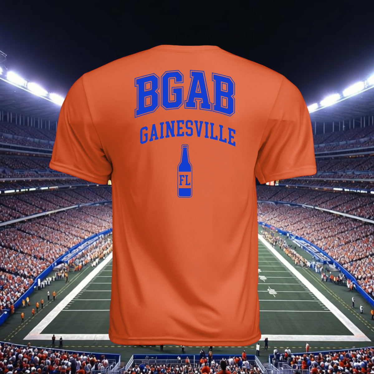 Better Grab A Beer orange moisture-wicking performance crew neck t-shirt with blue Gainesville graphic on back