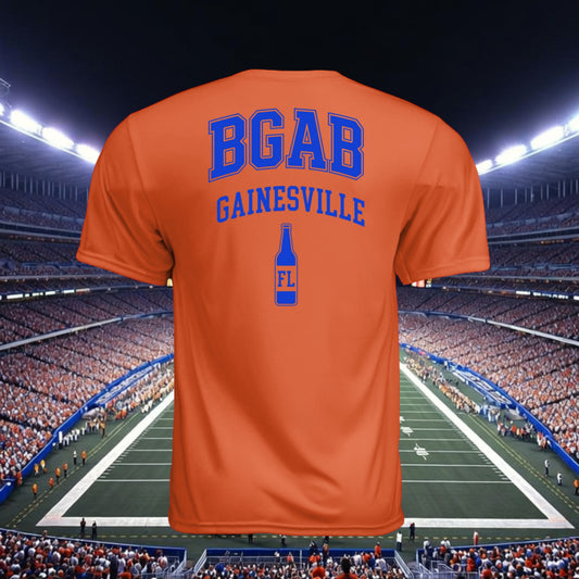 Better Grab A Beer orange moisture-wicking performance crew neck t-shirt with blue Gainesville graphic on back