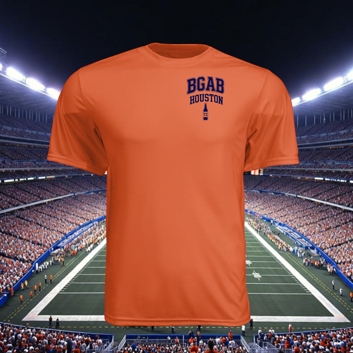 Better Grab A Beer orange moisture-wicking performance crew neck t-shirt with Houston graphic against stadium backdrop