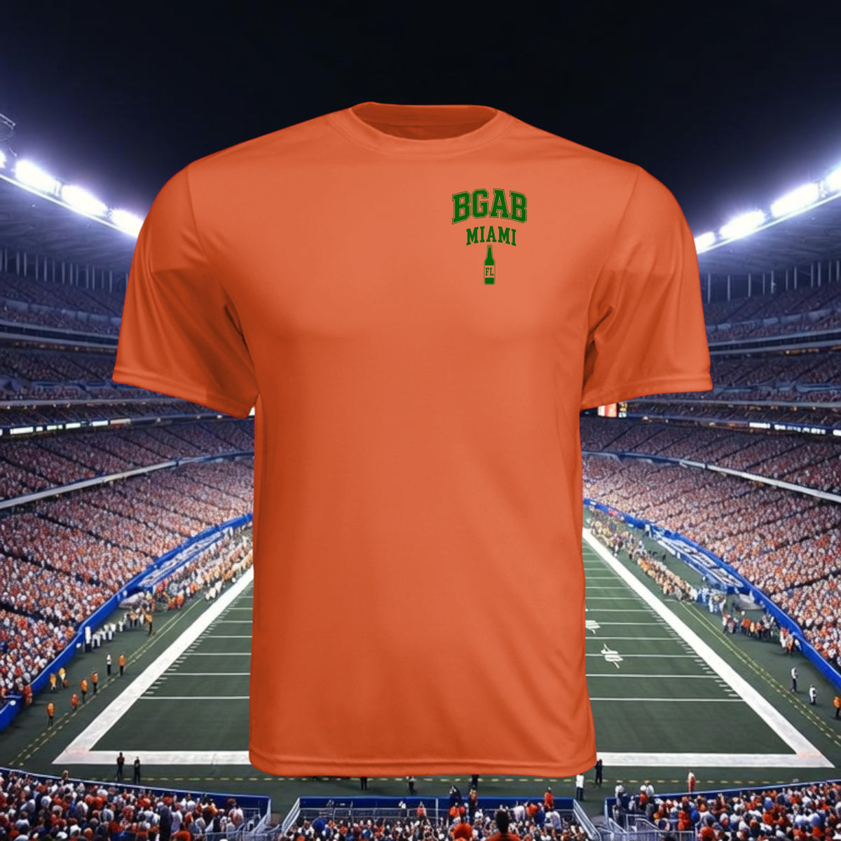 Better Grab A Beer orange performance crew neck t-shirt with green Miami logo, moisture-wicking polyester fabric.