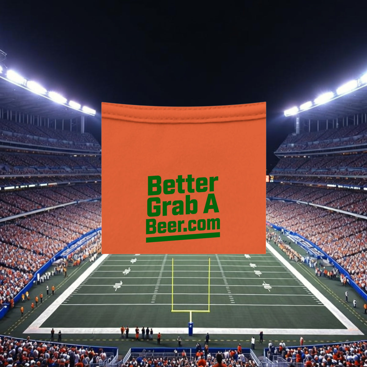 Better Grab A Beer orange moisture-wicking performance t-shirt with green logo, set against a football stadium background