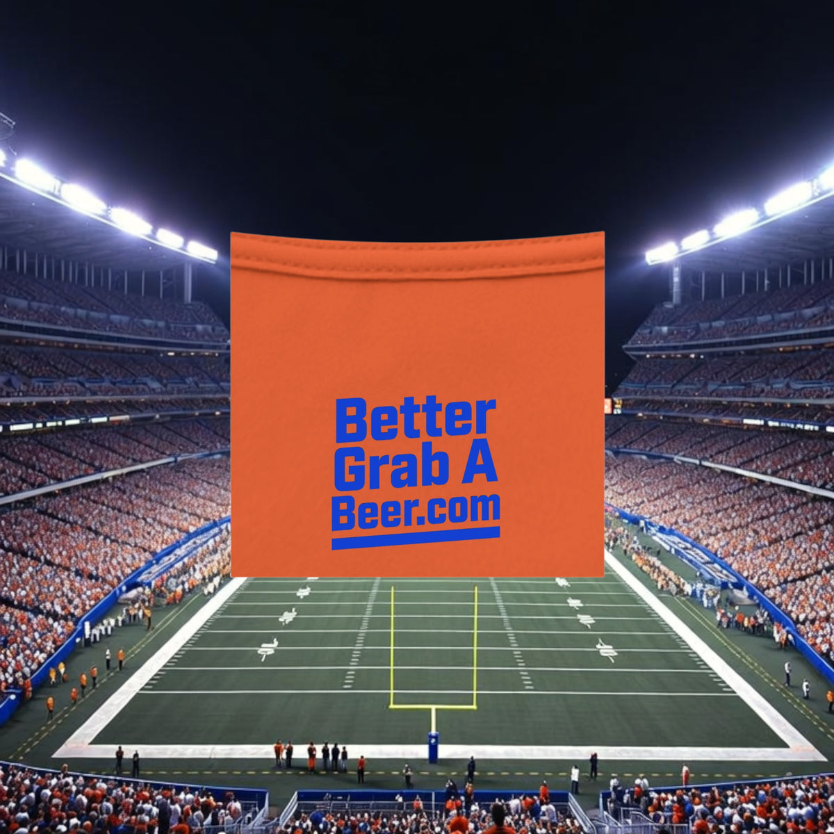Better Grab A Beer orange moisture-wicking performance crew neck t-shirt with blue logo over a football stadium.