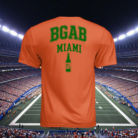 Better Grab A Beer orange moisture-wicking performance t-shirt with Miami football graphic on back in stadium setting