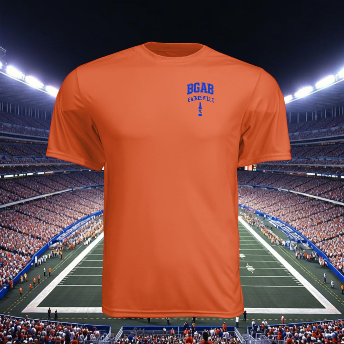 Better Grab A Beer orange moisture-wicking performance crew neck t-shirt with blue Gainesville logo on chest