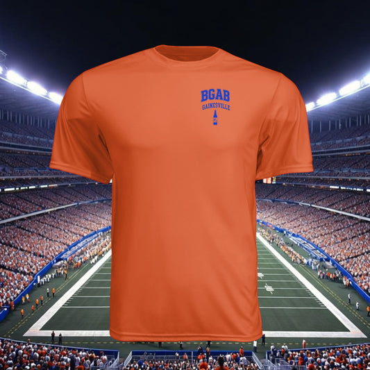 Better Grab A Beer orange moisture-wicking performance crew neck t-shirt with blue Gainesville logo on chest