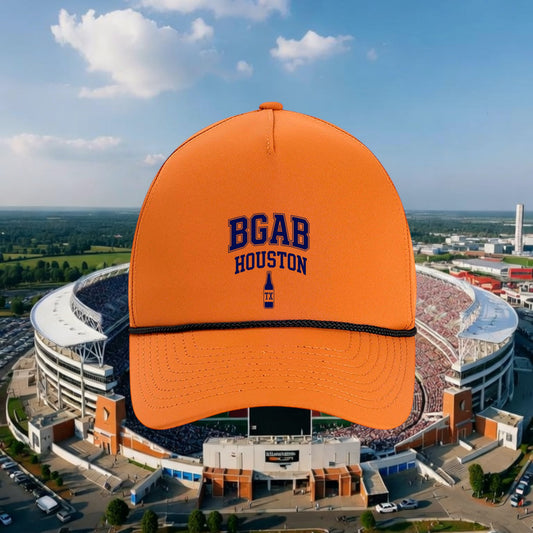 Better Grab A Beer orange five-panel performance rope hat with navy BGAB Houston logo and pre-curved visor