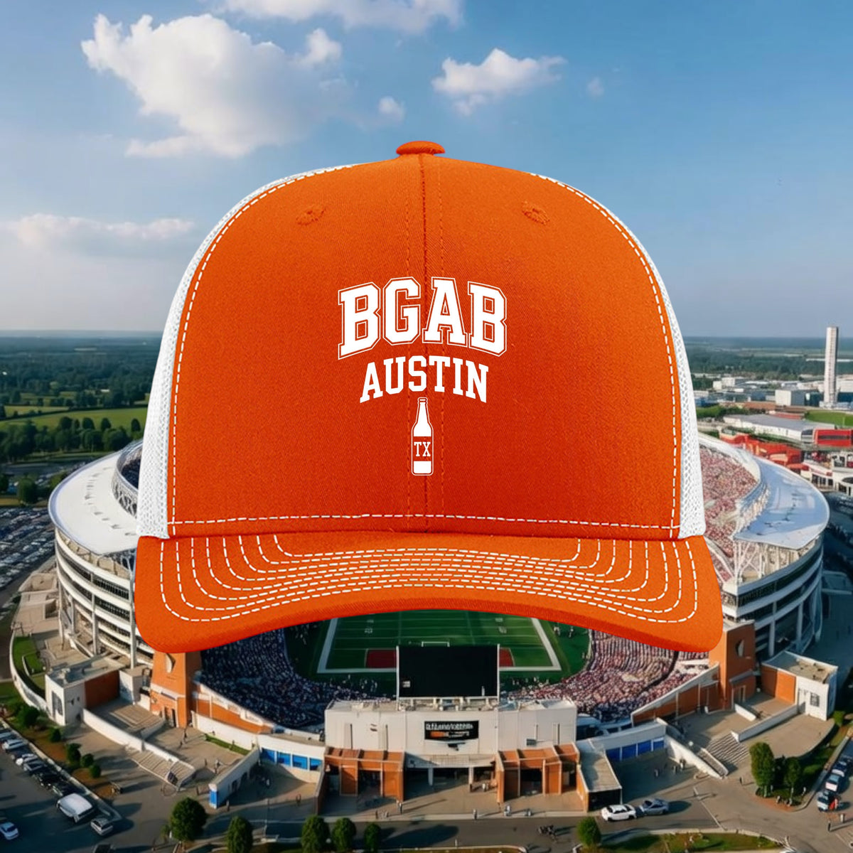 Better Grab A Beer orange and white mesh trucker hat with BGAB Austin bottle graphic and contrast stitching