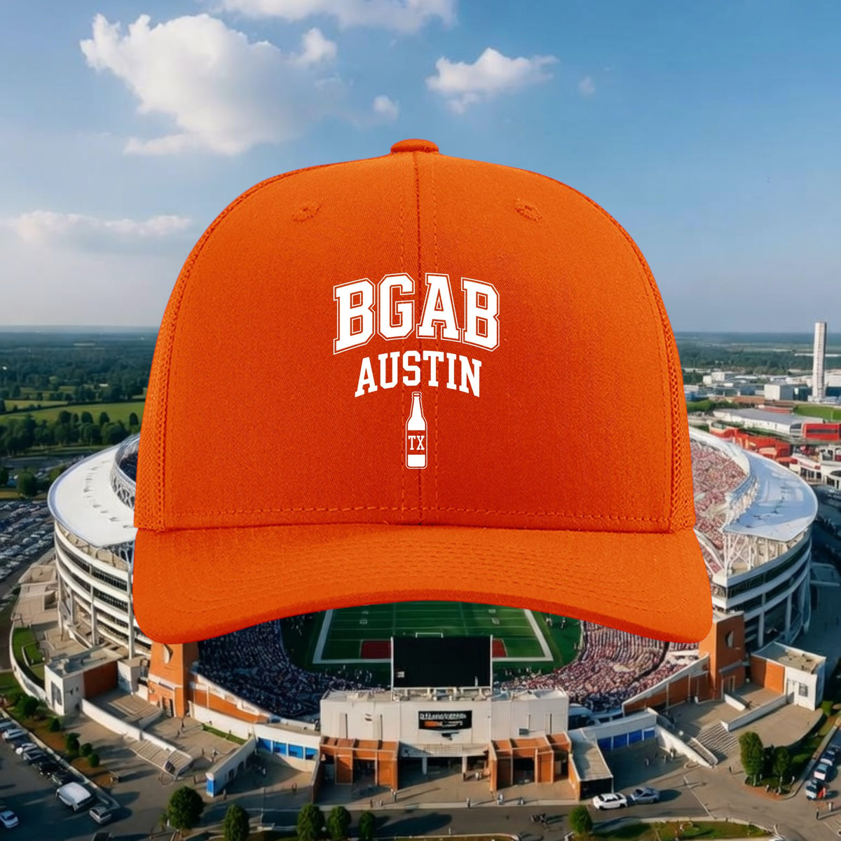 Better Grab A Beer orange structured trucker hat with white BGAB Austin bottle logo and adjustable snapback closure