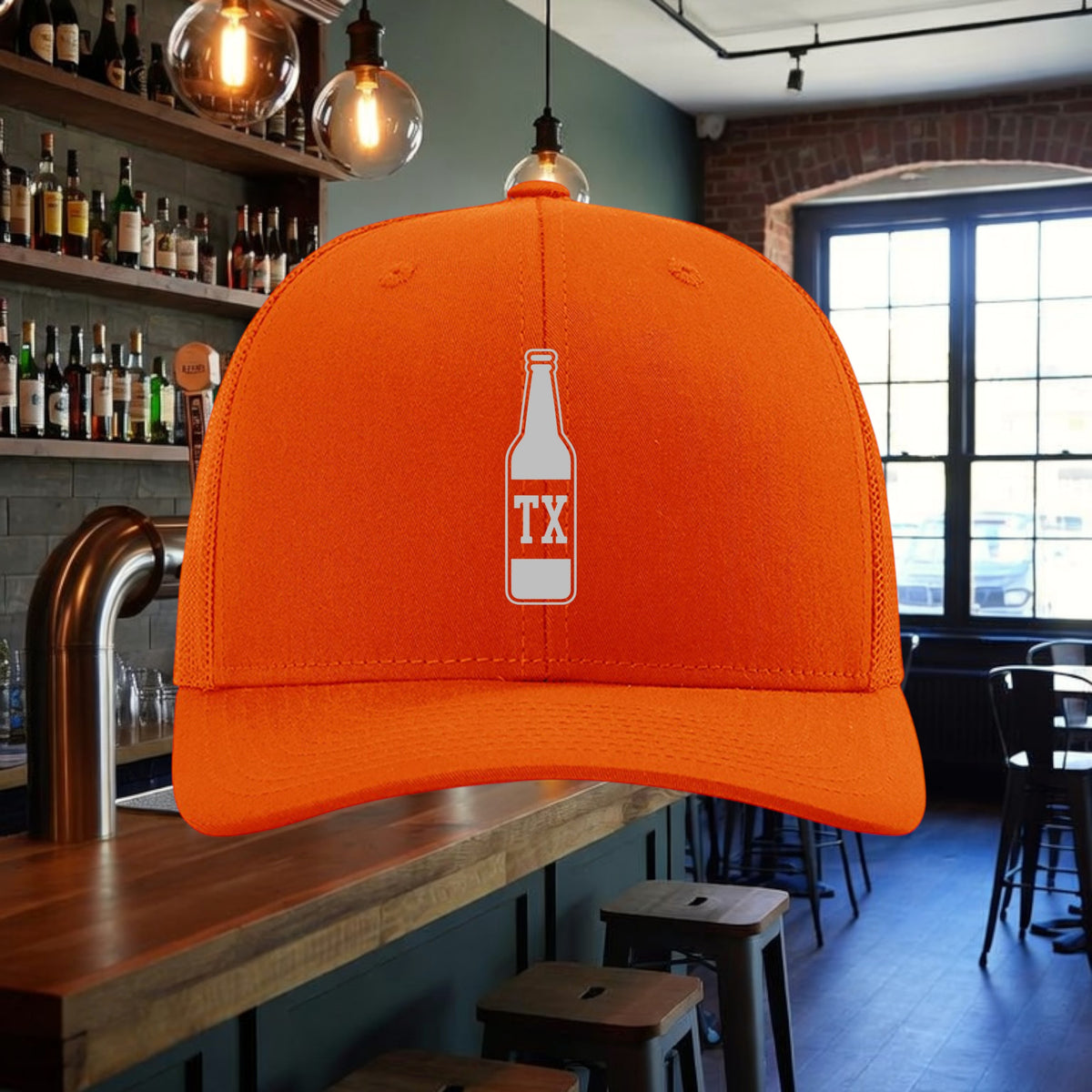 Better Grab A Beer orange TX Bottle trucker hat with a white graphic, structured six-panel design and snapback.