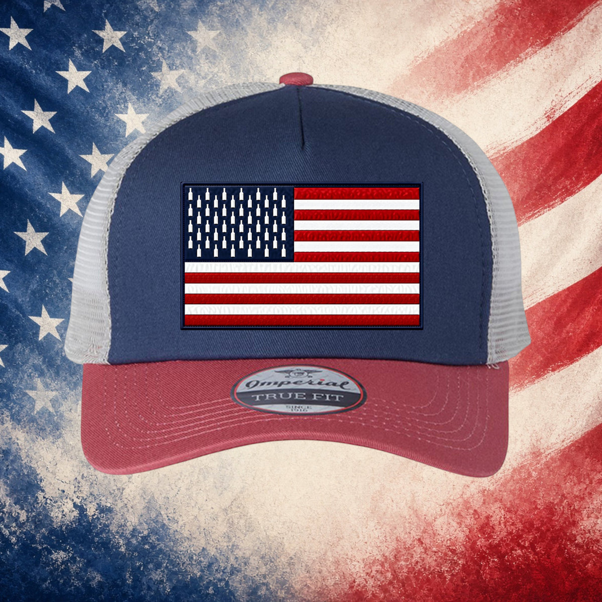 Better Grab A Beer trucker hat with a navy front, red visor, and white mesh back featuring a bottle flag patch.