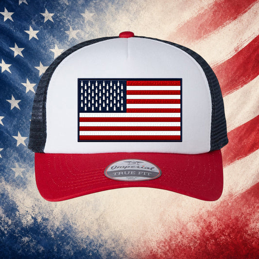 Better Grab A Beer Patriot Bottle Flag trucker hat with red brim, white front panel, and navy mesh back.