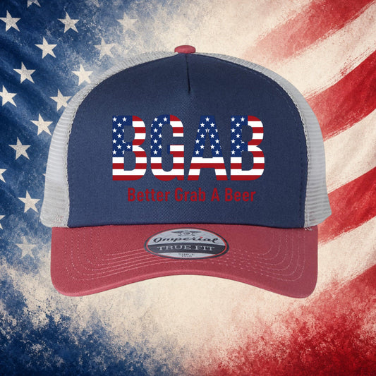 Better Grab A Beer Patriot AF trucker hat with navy front, red visor, and mesh back featuring American flag lettering
