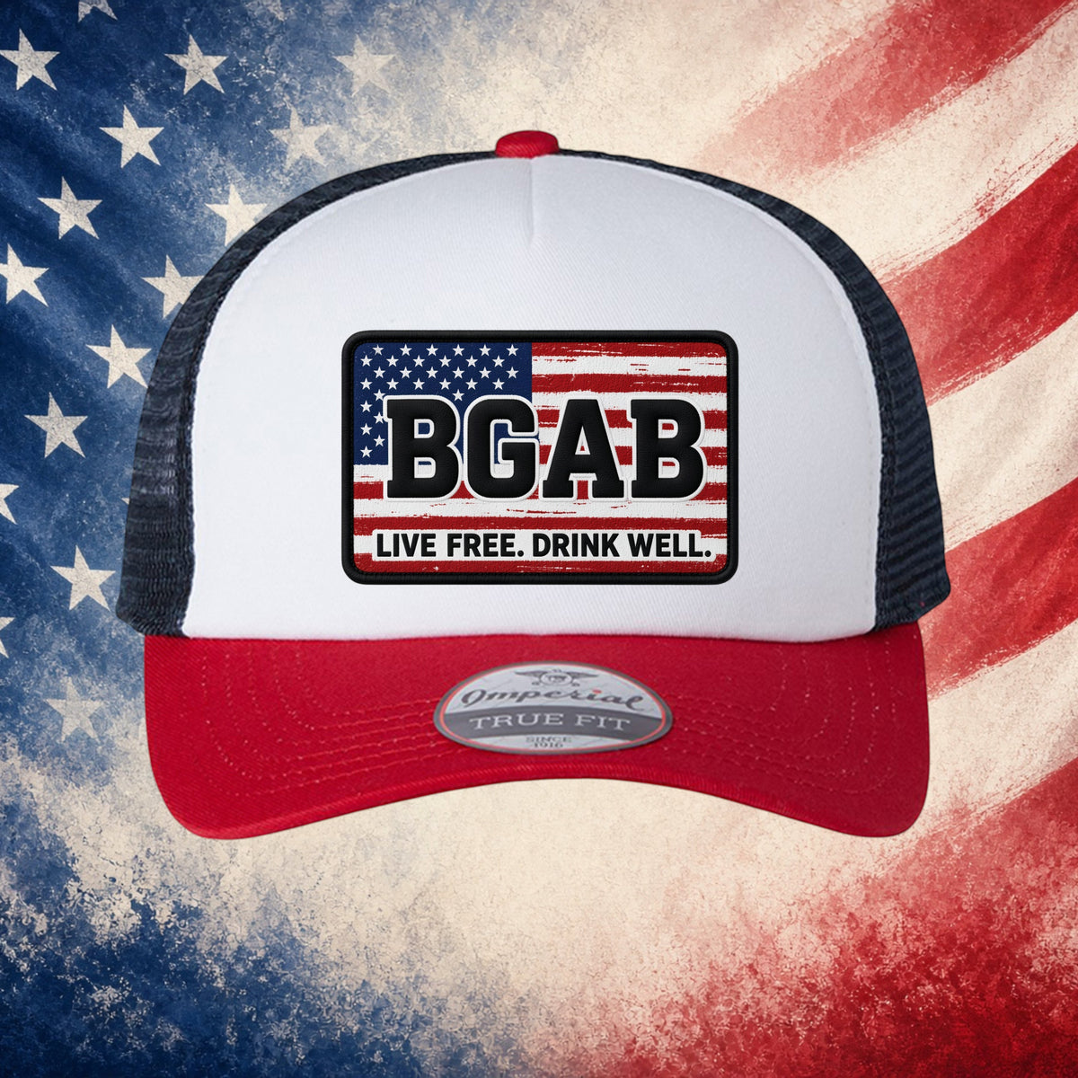 Better Grab A Beer trucker hat with a white front panel, red visor, and navy mesh back featuring a patriotic patch.