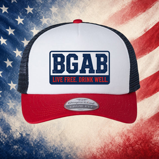 Better Grab A Beer Patriot trucker hat with white front panel, red visor, and navy mesh back featuring BGAB logo.