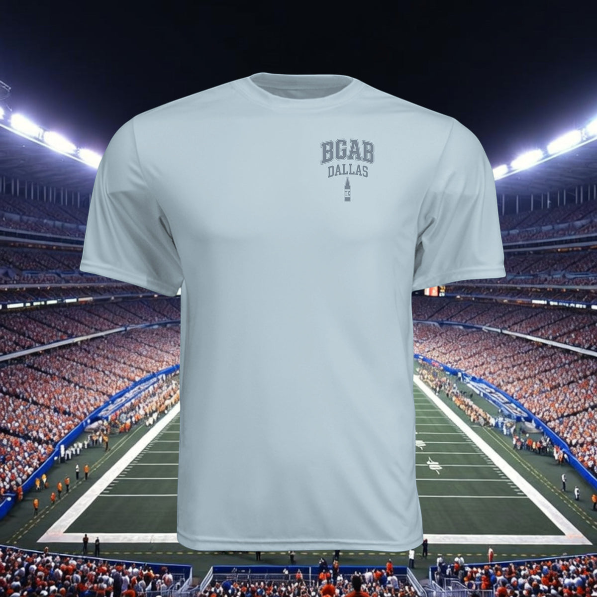 Better Grab A Beer light grey moisture-wicking performance crew neck t-shirt with BGAB Dallas logo on chest