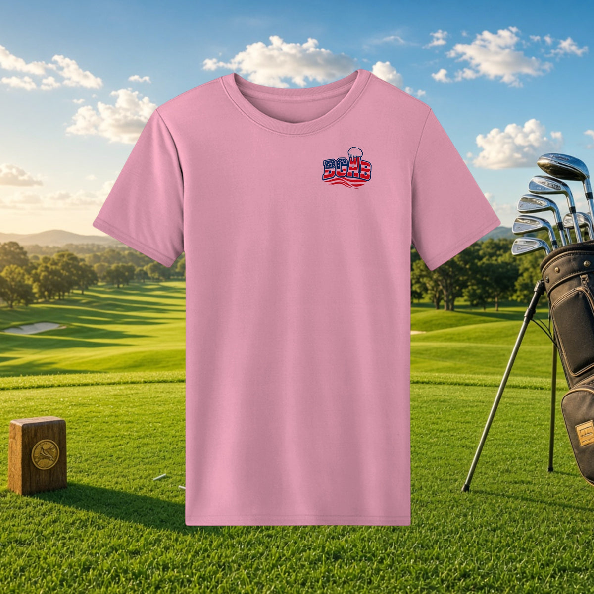Better Grab A Beer pink moisture-wicking performance t-shirt with a small chest logo on a golf course background.