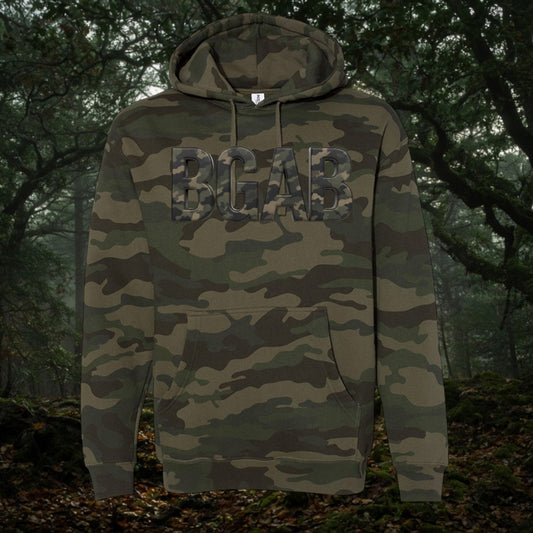 Better Grab A Beer Predator camo hooded sweatshirt with BGAB logo on chest, featuring a fleece-lined hood and pocket.