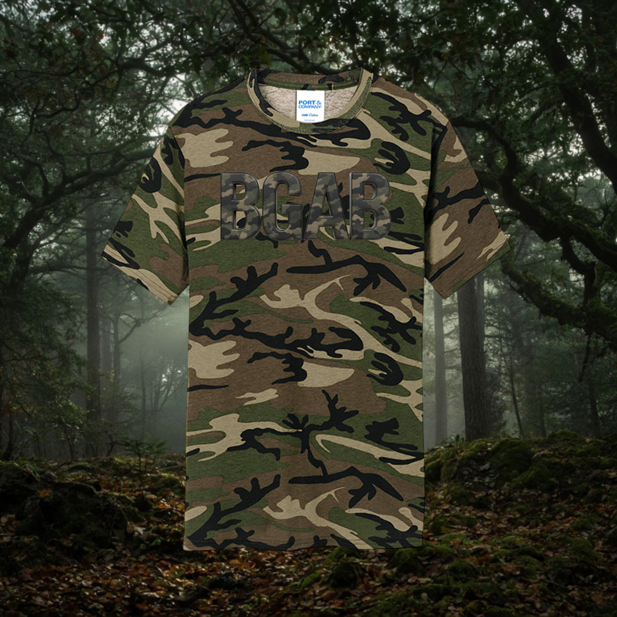 Better Grab A Beer Predator camo cotton t-shirt with BGAB logo graphic, featuring a rib knit collar and back neck tape
