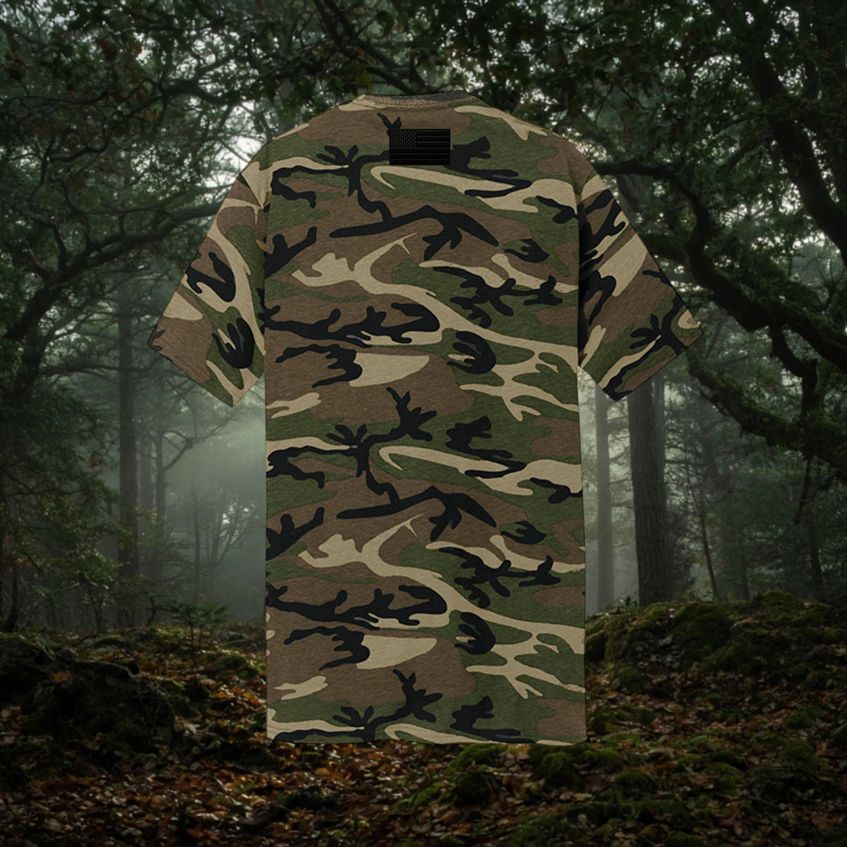 Better Grab A Beer Predator camo print cotton t-shirt with black flag detail on the back neck, forest background.
