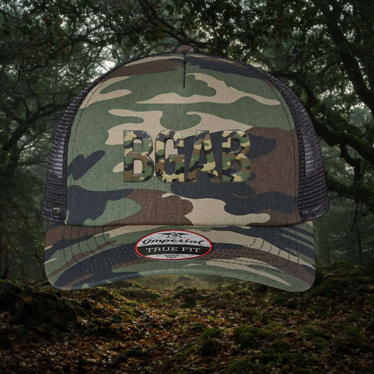 Better Grab A Beer BGAB predator camo trucker hat with mesh back, structured five-panel design, and pre-curved visor.