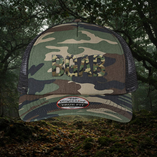 Better Grab A Beer BGAB predator camo trucker hat with mesh back, structured five-panel design, and pre-curved visor.