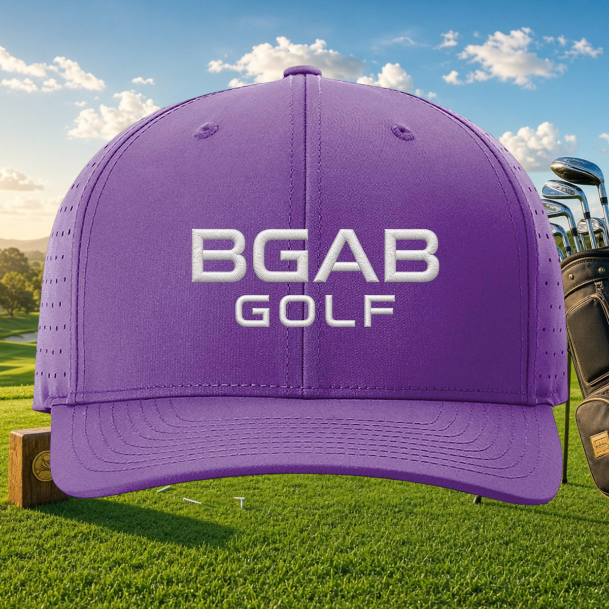 Better Grab A Beer purple performance golf cap with white BGAB GOLF embroidery and laser-cut side ventilation holes.