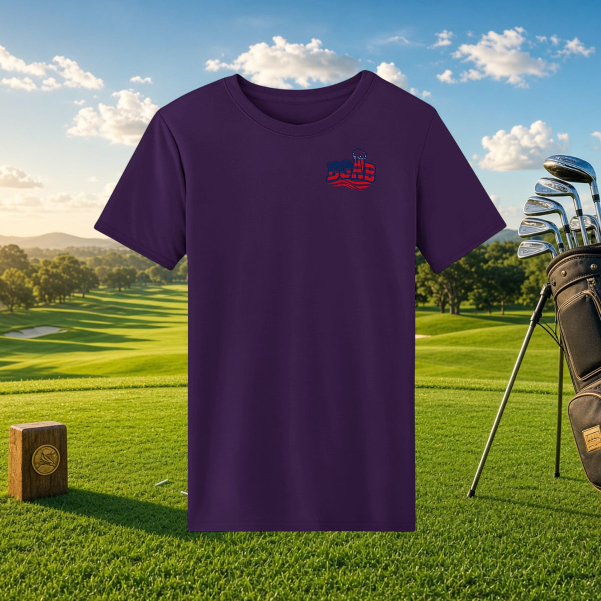 Better Grab A Beer purple performance t-shirt with BGAB logo on a golf course background.