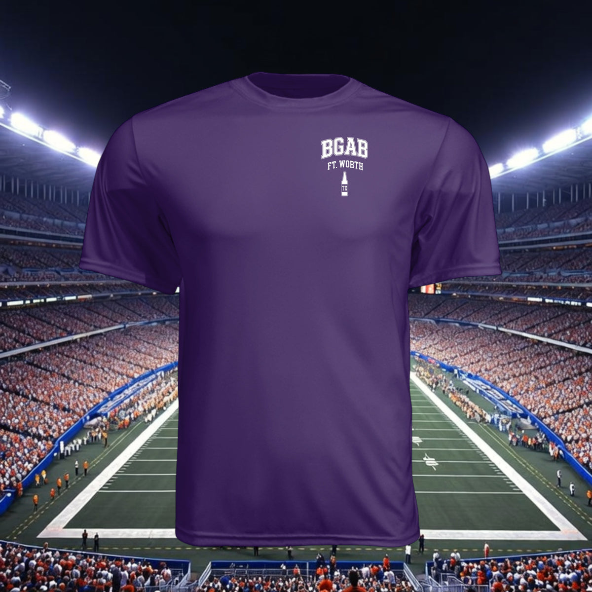 Better Grab A Beer purple moisture-wicking performance t-shirt with white Ft. Worth logo on the chest