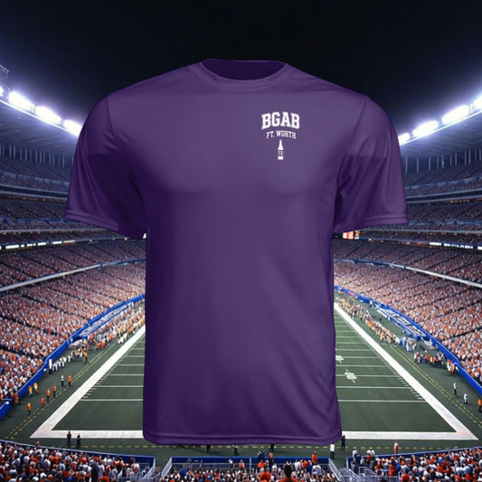 Better Grab A Beer purple moisture-wicking performance t-shirt with white Ft. Worth logo on the chest