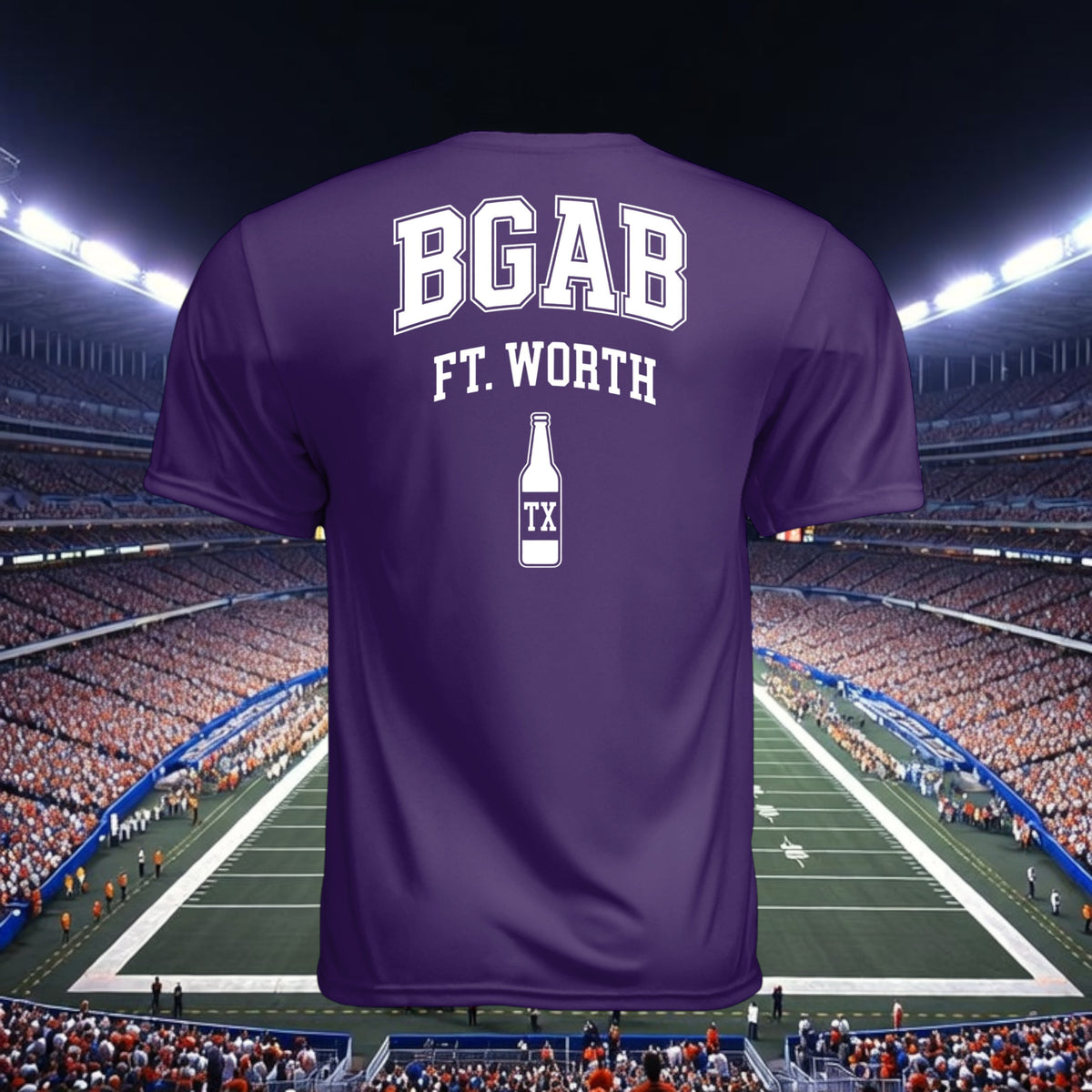 Better Grab A Beer purple moisture-wicking performance t-shirt with white BGAB Ft. Worth graphic, back view.