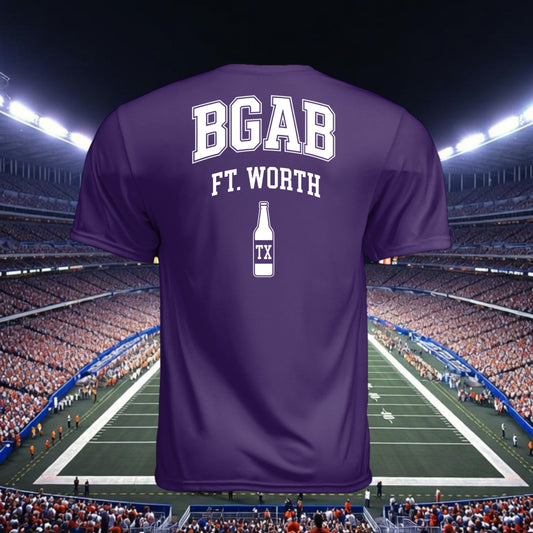 Better Grab A Beer purple moisture-wicking performance t-shirt with white BGAB Ft. Worth graphic, back view.