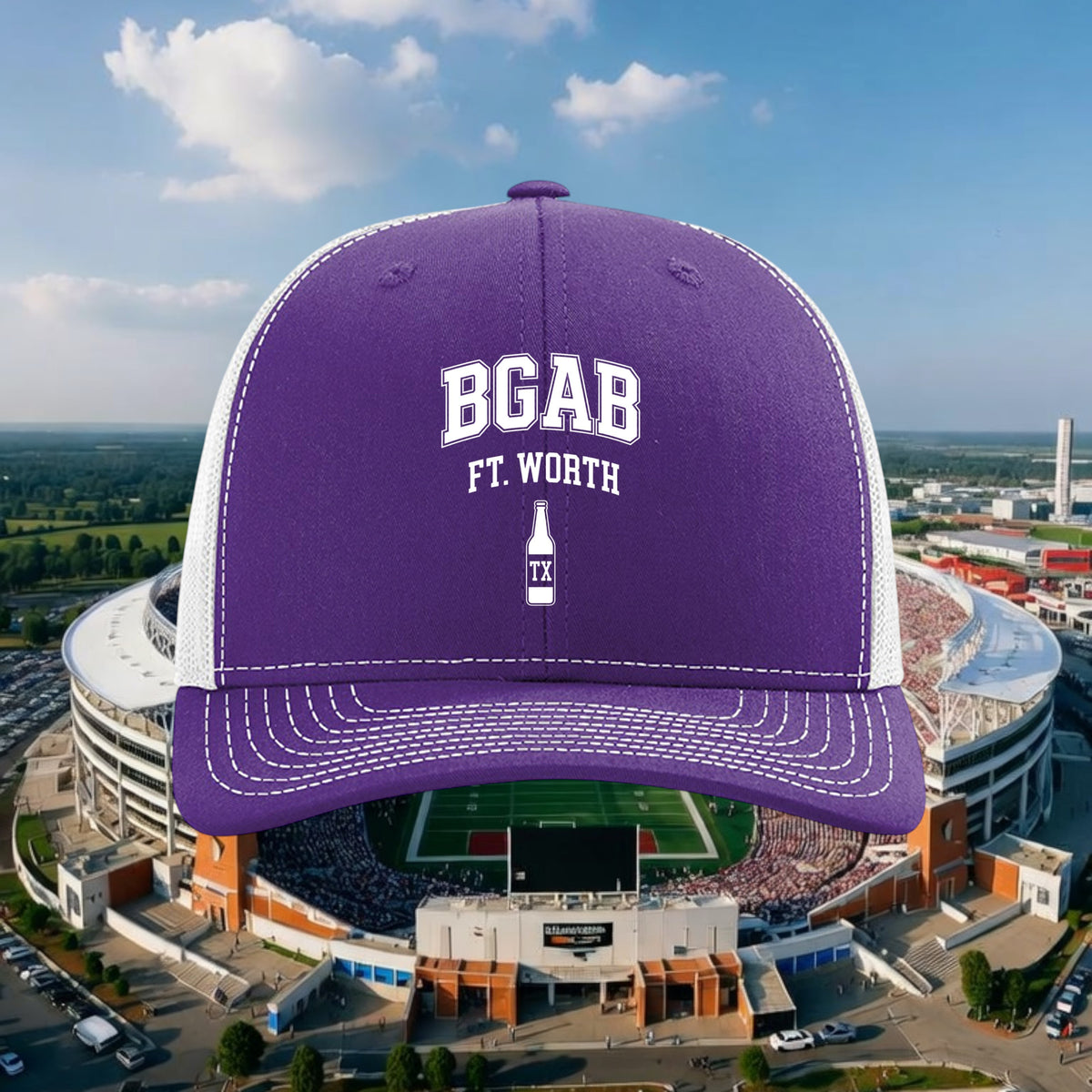 Better Grab A Beer purple and white Richardson 112 trucker hat with Ft. Worth bottle cap graphic and snapback closure