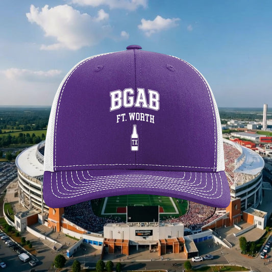 Better Grab A Beer purple and white Richardson 112 trucker hat with Ft. Worth bottle cap graphic and snapback closure