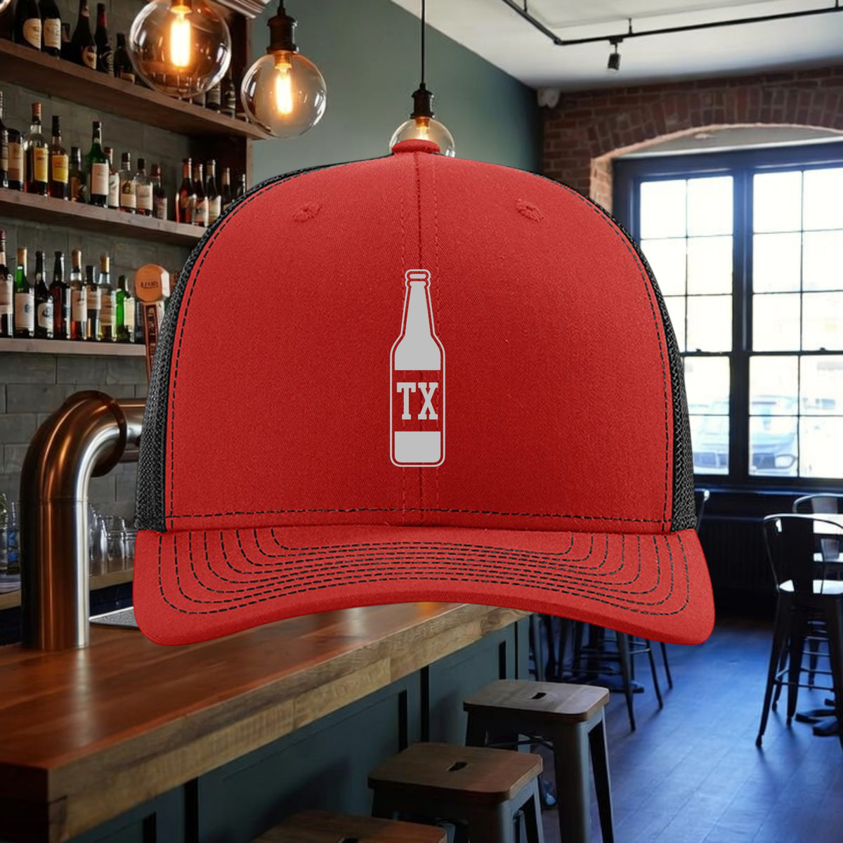 Better Grab A Beer red and black TX Bottle trucker hat with a structured six-panel design and adjustable snapback.