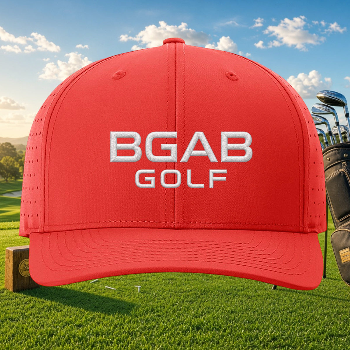 Better Grab A Beer red BGAB GOLF performance cap with laser-cut ventilation and white embroidered logo
