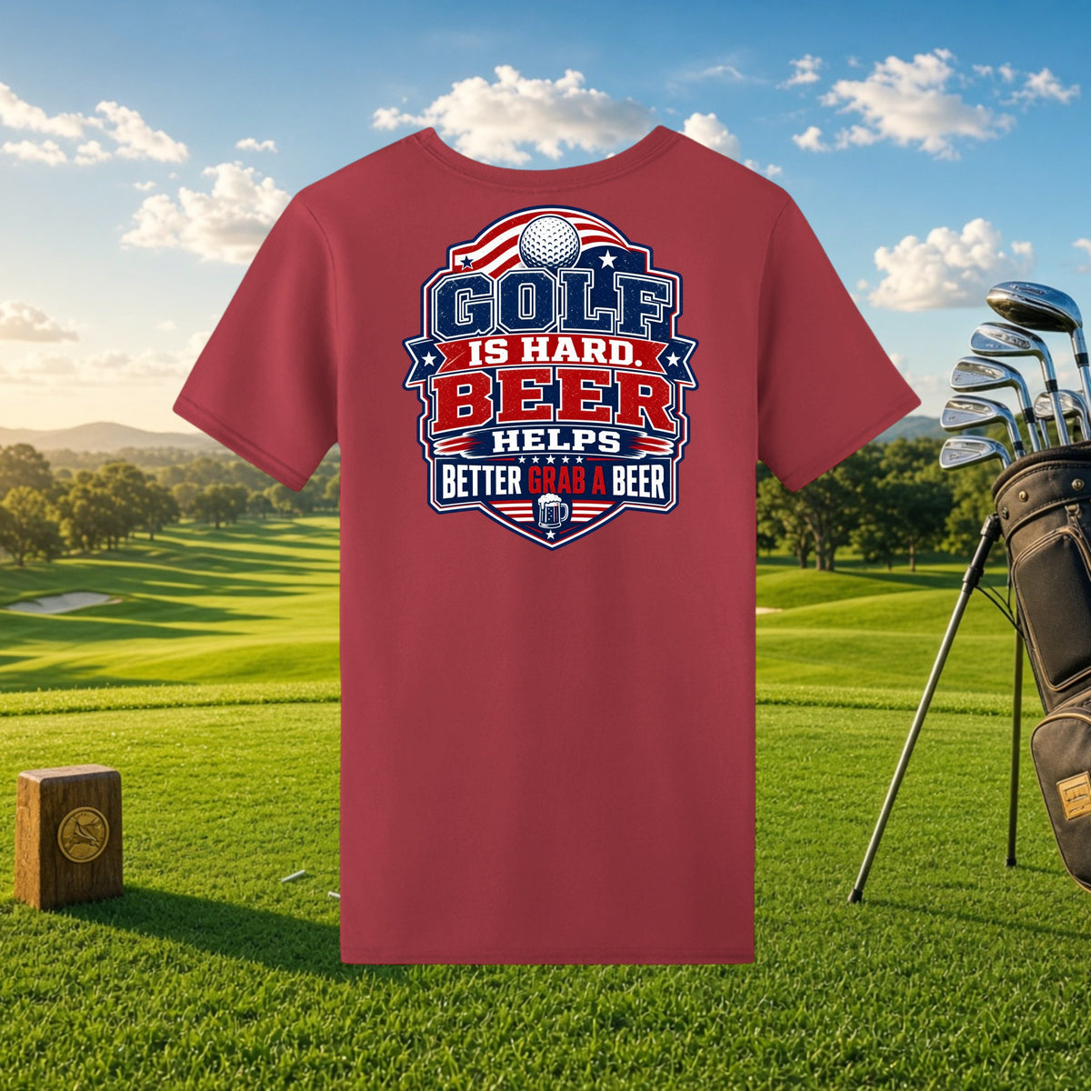 Better Grab A Beer red performance t-shirt with Golf Is Hard Beer Helps graphic on a golf course background