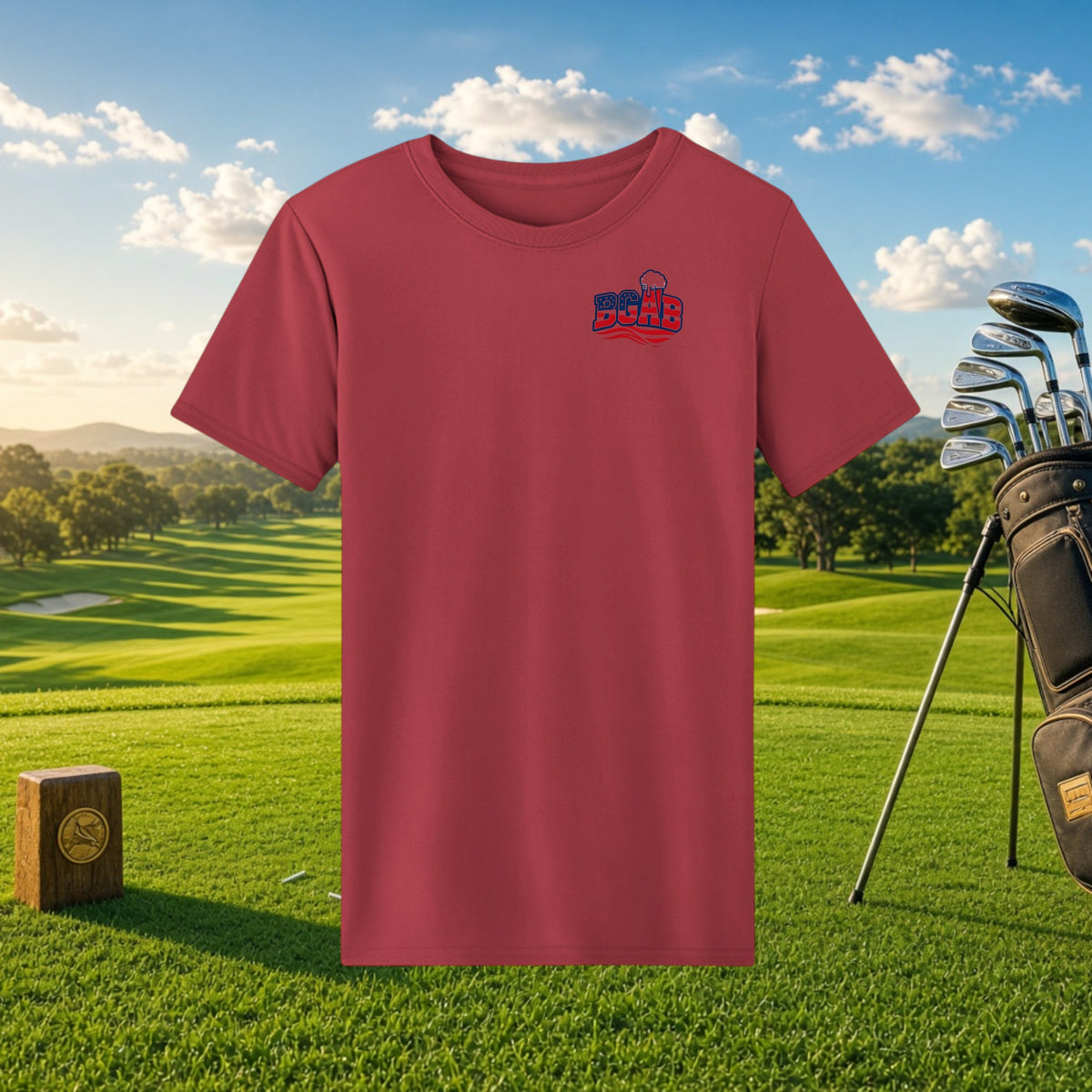 Better Grab A Beer red moisture-wicking performance t-shirt with BGAB logo on a golf course background.