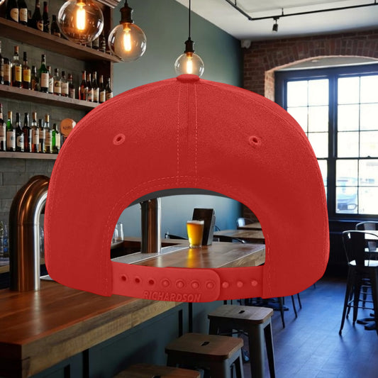 Better Grab A Beer red six-panel snapback hat with adjustable closure and pre-curved bill, back view