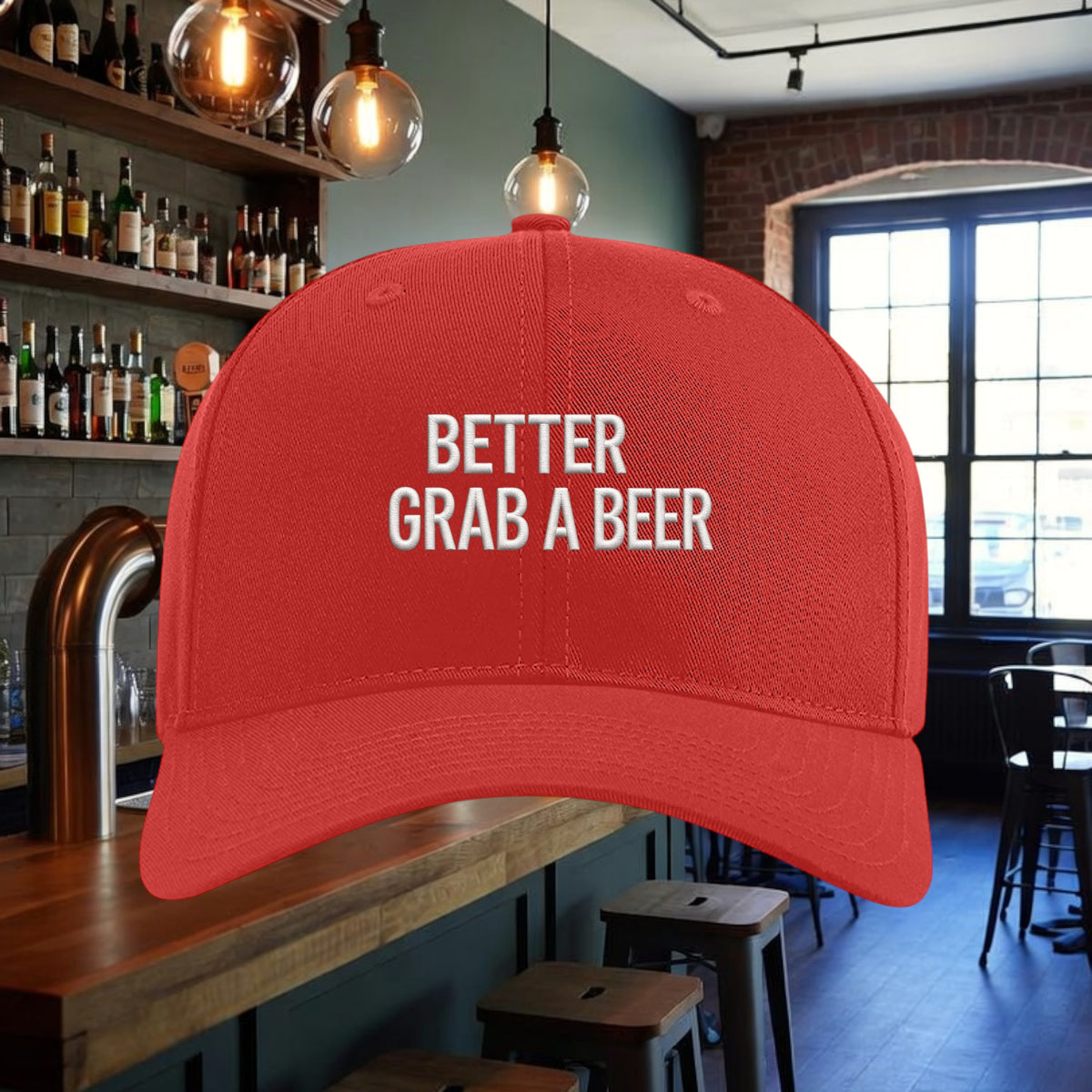 Better Grab A Beer red six-panel snapback hat with white embroidered text and a pre-curved bill.