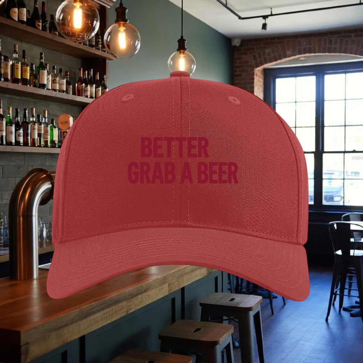 Better Grab A Beer red six-panel twill snapback hat with pre-curved bill and embroidered text