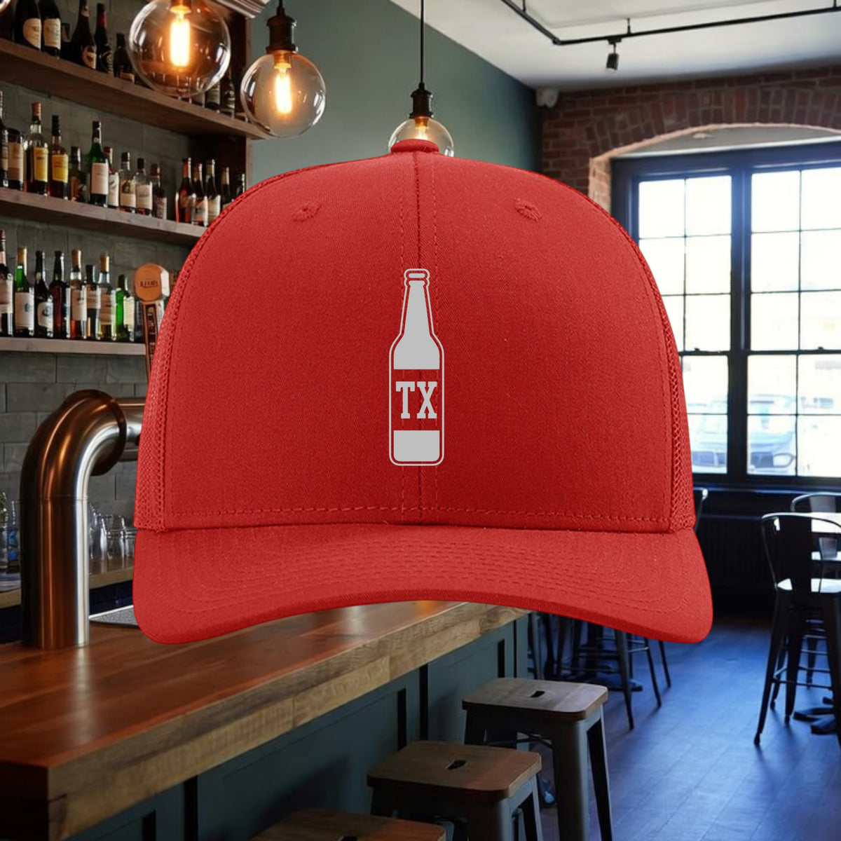 Better Grab A Beer red TX Bottle trucker hat with white graphic, mesh back, and adjustable snapback closure.