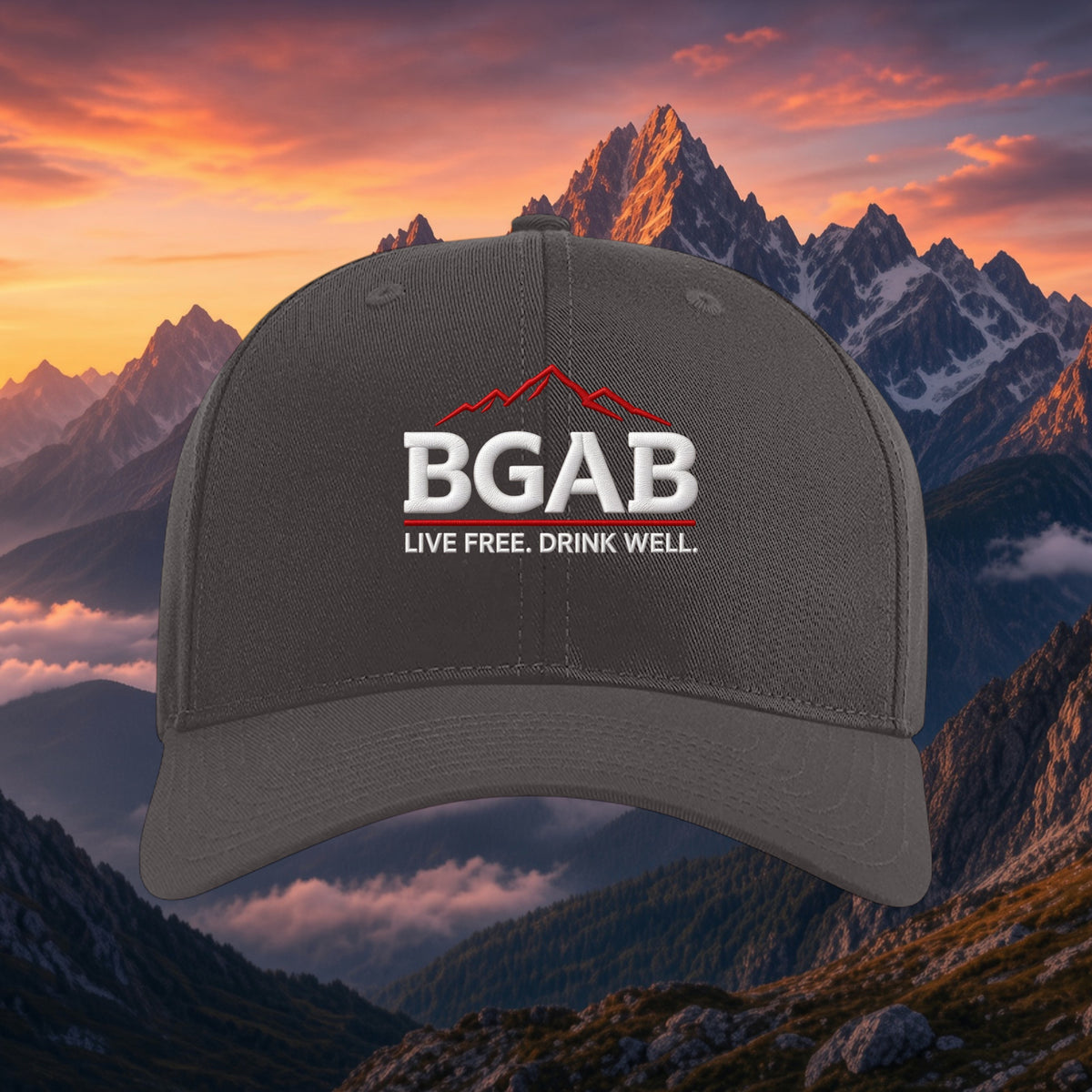 Better Grab A Beer Rockies Pro twill cap in dark grey with white BGAB logo and red mountain graphic on front