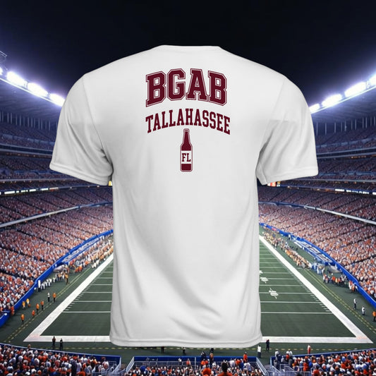 Better Grab A Beer white performance crew neck t-shirt with Tallahassee graphic on back in a stadium setting