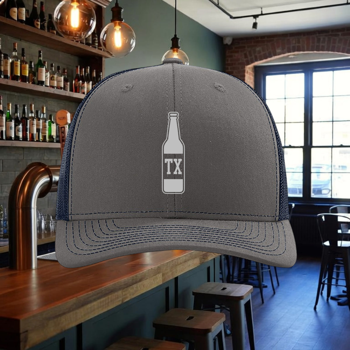 Better Grab A Beer TX Bottle trucker hat in grey with navy mesh back, structured six-panel design and snapback.