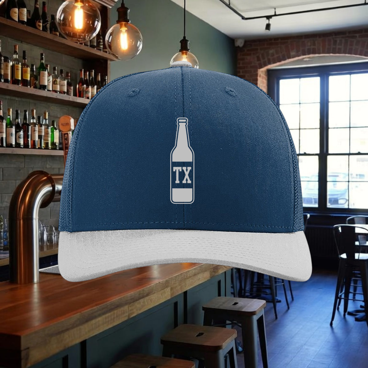 Better Grab A Beer navy and white TX bottle trucker hat with a structured six-panel design and adjustable snapback.