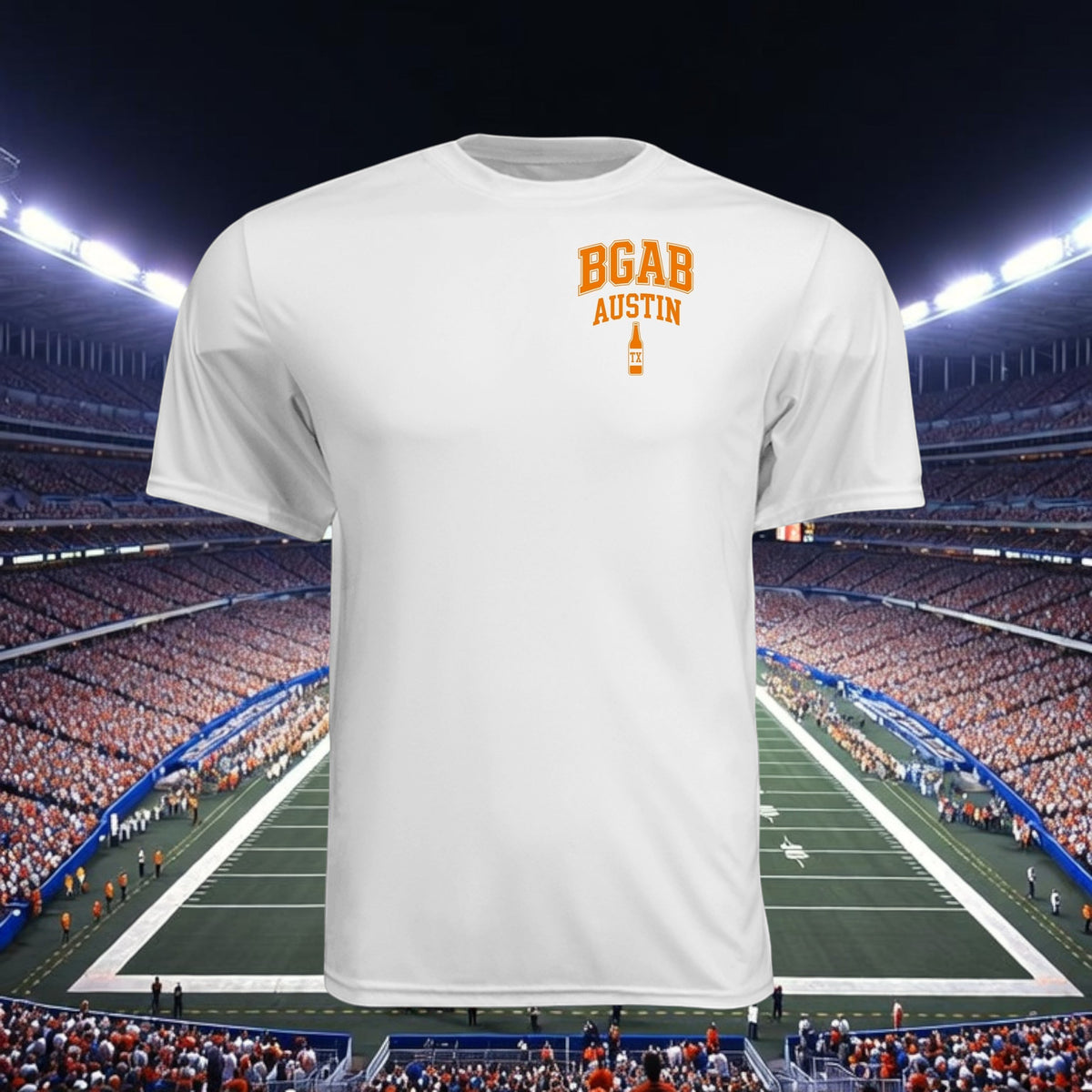 Better Grab A Beer white moisture-wicking athletic t-shirt with orange BGAB Austin logo against a stadium background