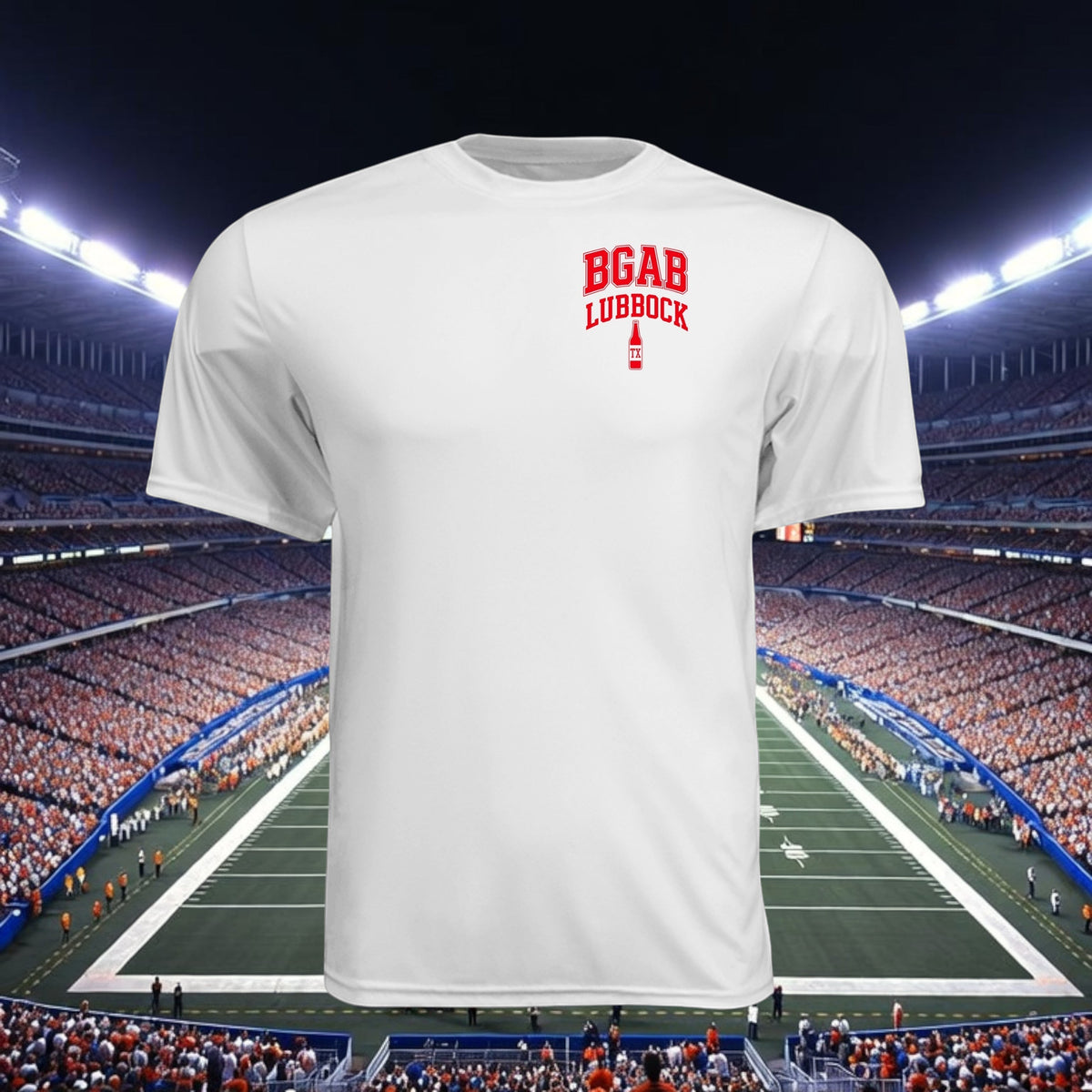 Better Grab A Beer white moisture-wicking polyester athletic t-shirt with red BGAB Lubbock logo on chest