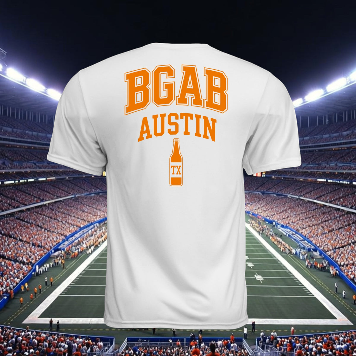 Better Grab A Beer white moisture-wicking athletic t-shirt with orange BGAB Austin beer bottle graphic on back