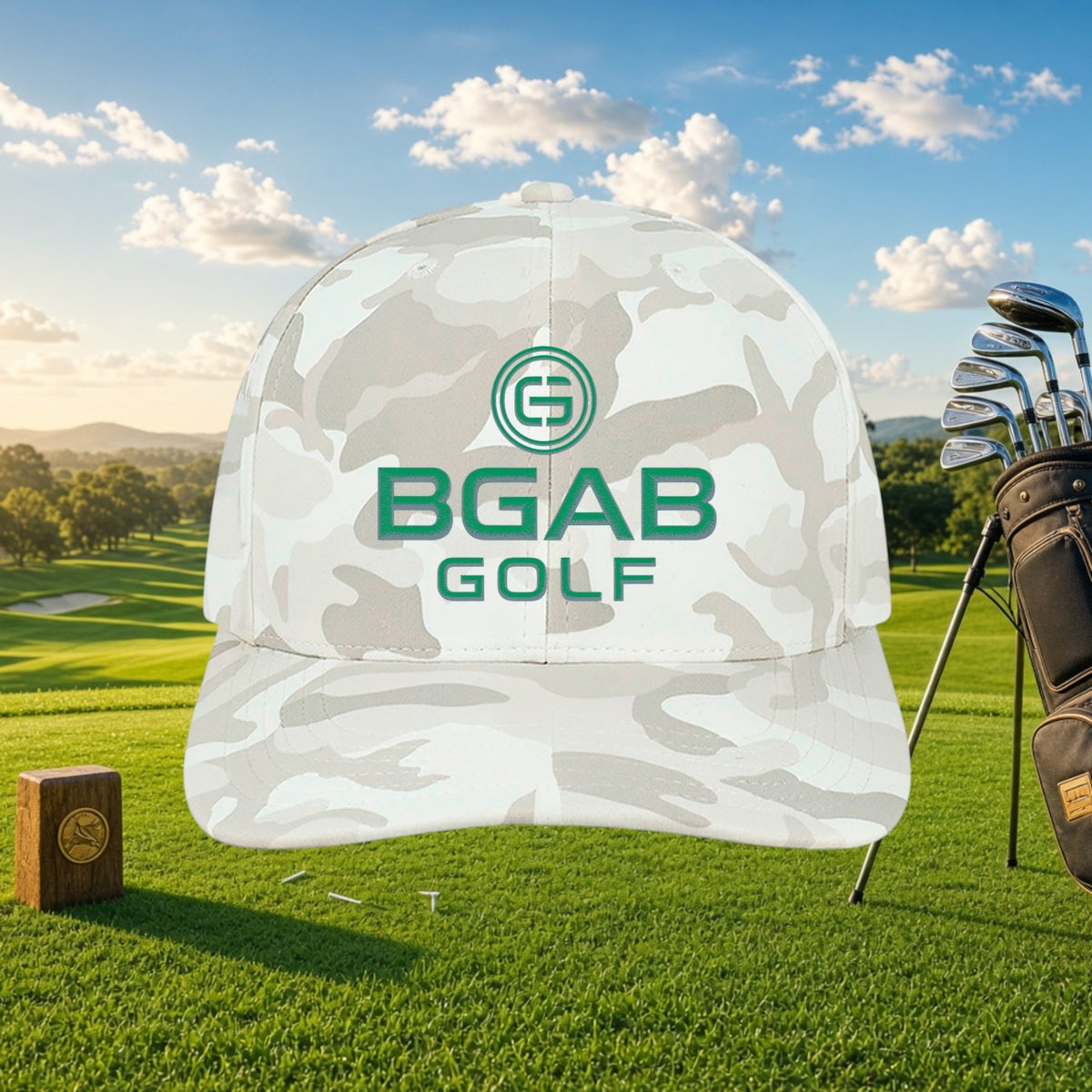Better Grab A Beer white camo golf cap with green BGAB Golf logo on a sunny golf course background