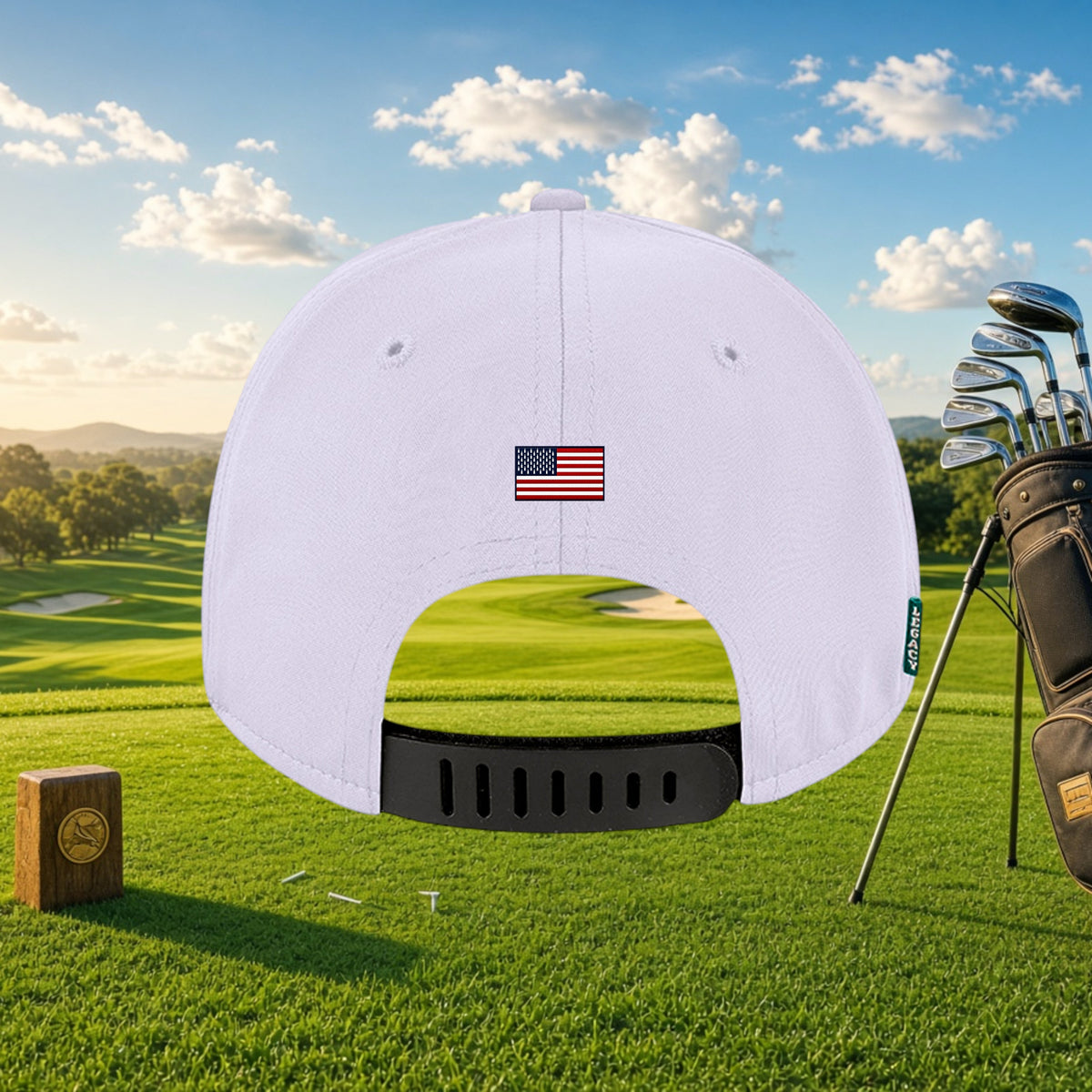 Better Grab A Beer white golf cap with US flag detail, rubber strap closure, and Legacy label on a golf course
